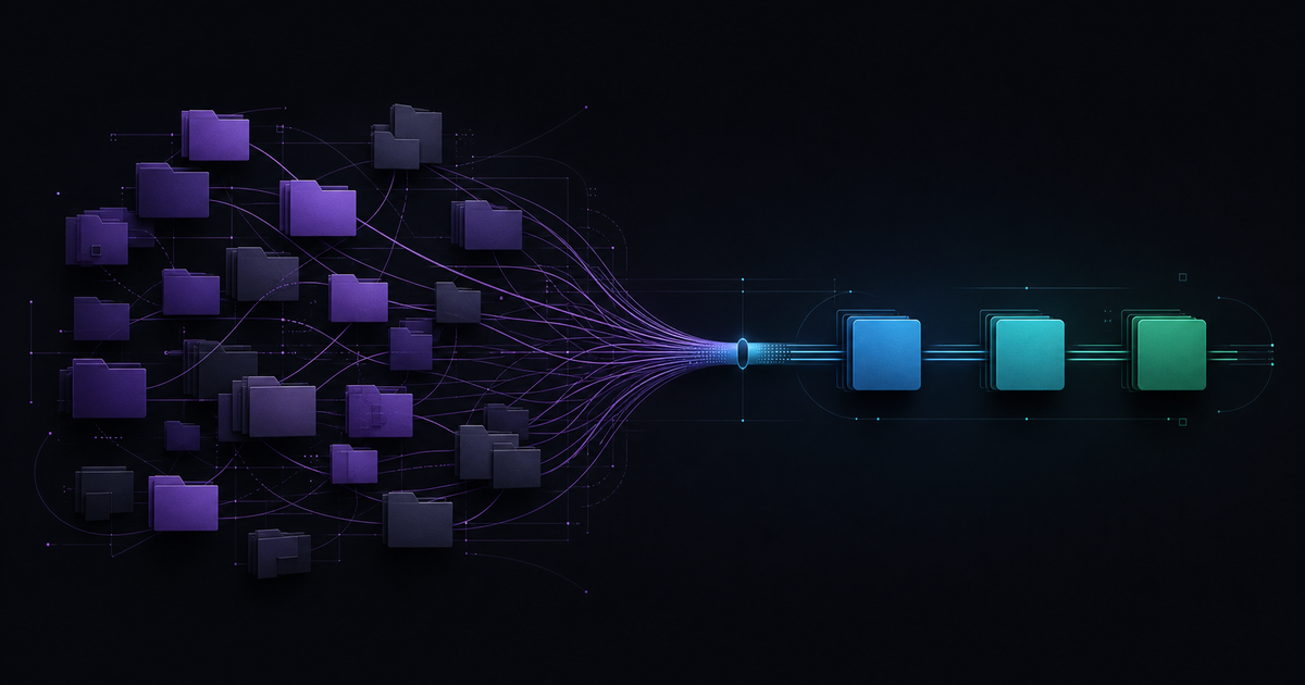 Tangled folders and connections converging into clean reusable capability modules