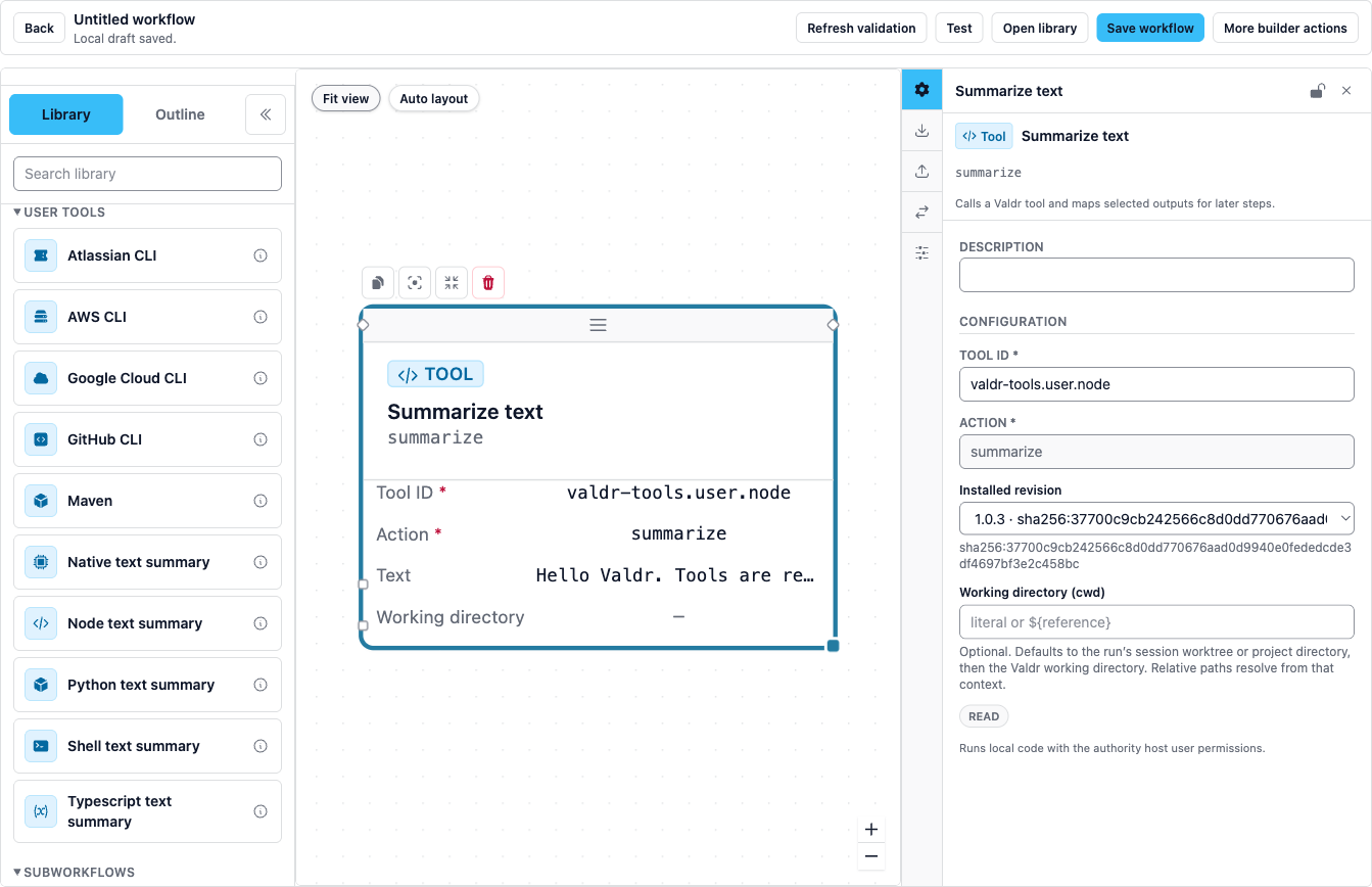 Node text summary step on the Builder canvas with the inspector showing tool ID valdr-tools.user.node, action summarize, and the installed revision with its sha256 content hash