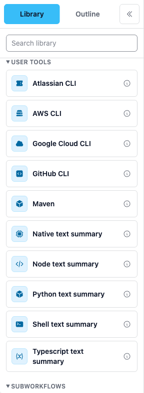 Builder library sidebar with the User tools group listing Atlassian CLI, AWS CLI, Google Cloud CLI, GitHub CLI, Maven, and five text summary starters
