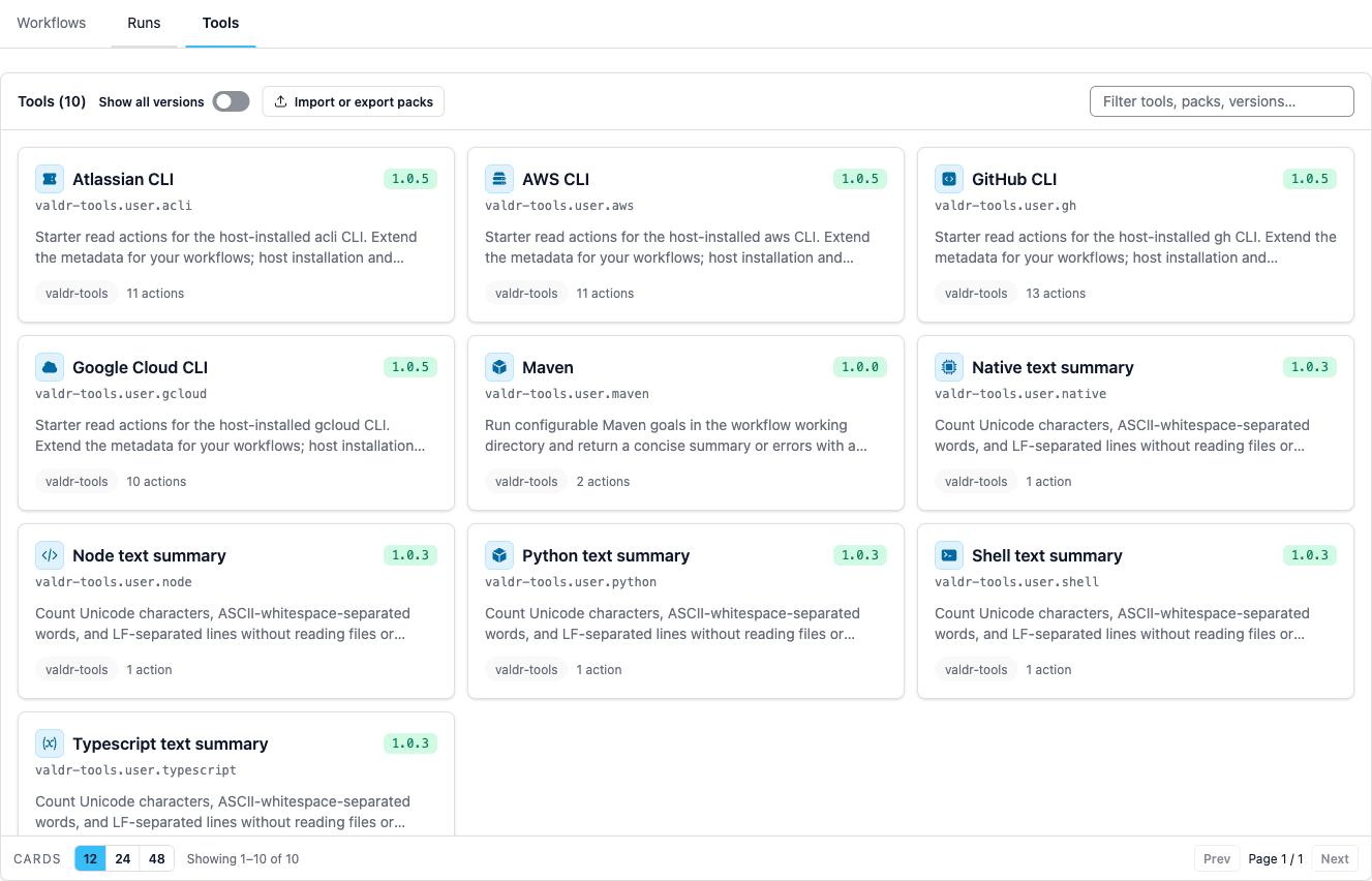 Workflows Tools tab showing installed tool cards with icon, name, tool ID, revision, description, pack, and action count