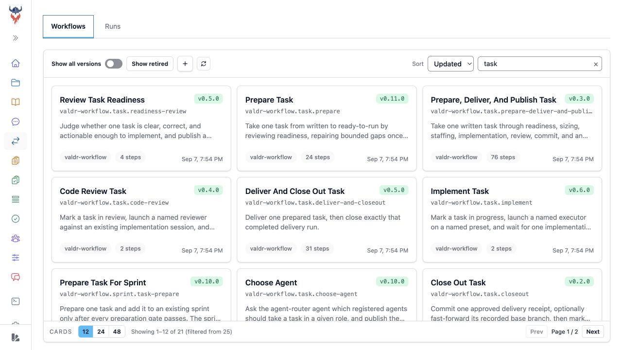 Workflow catalog filtered to installed task workflows with version, pack, and step details